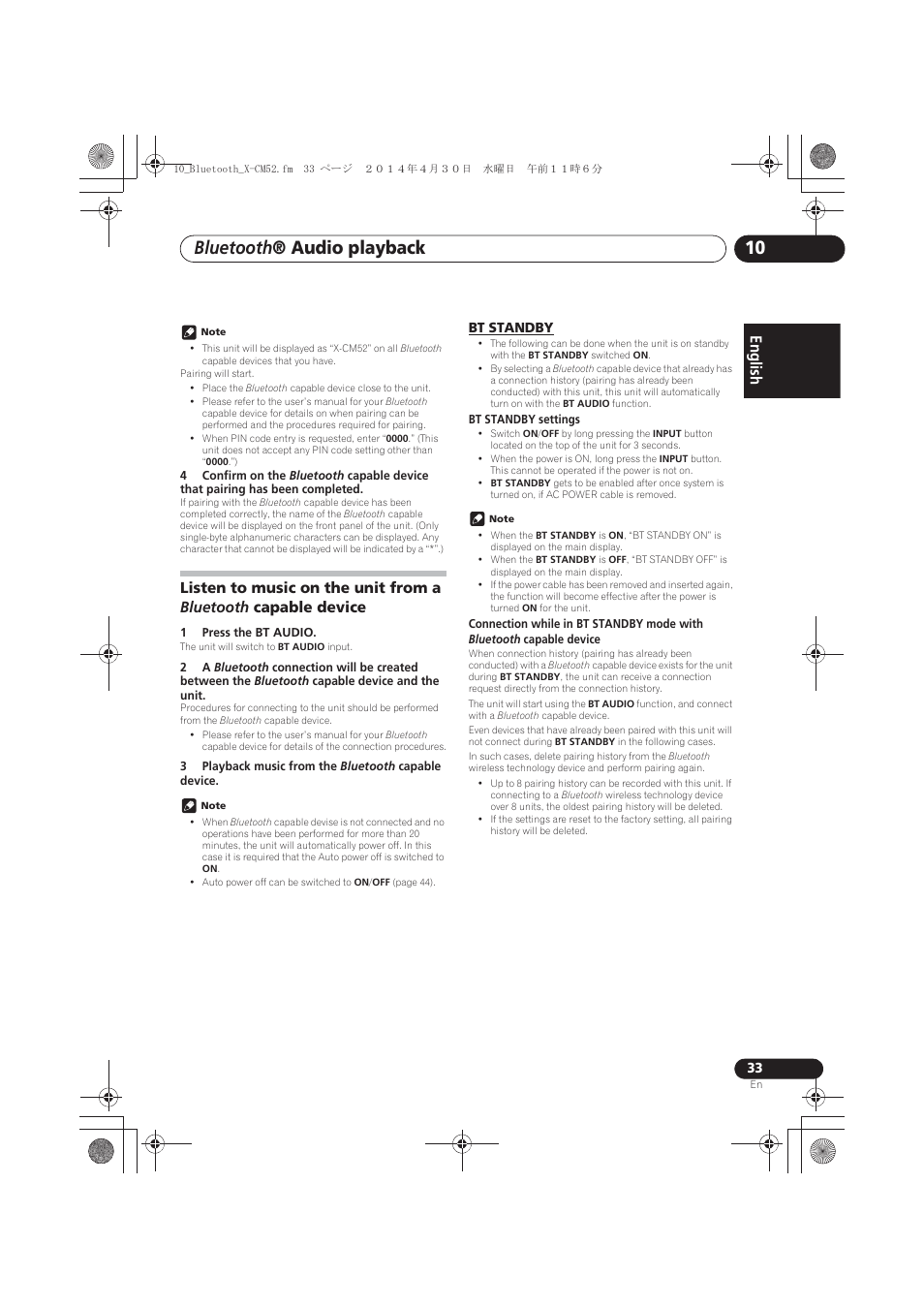 Device, Bt standby, Bluetooth ® audio playback | English | Pioneer X-CM52BT-W User Manual | Page 33 / 268
