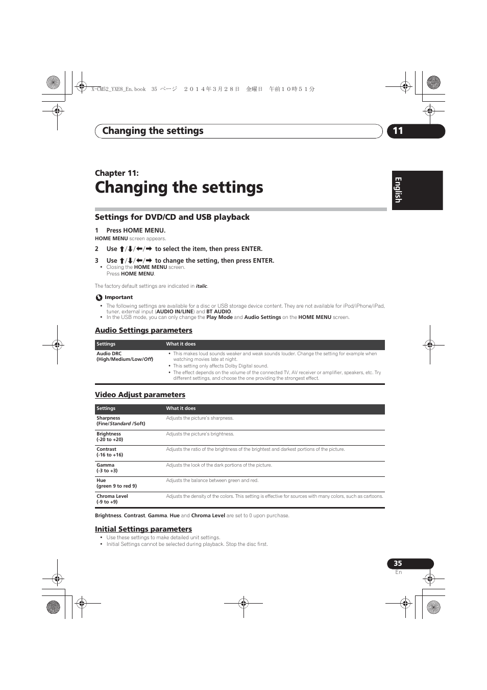 11 changing the settings, Settings for dvd/cd and usb playback, Audio settings parameters | Video adjust parameters, Initial settings parameters, Changing the settings, Changing the settings 11, English, Chapter 11 | Pioneer X-CM52BT-W User Manual | Page 35 / 268