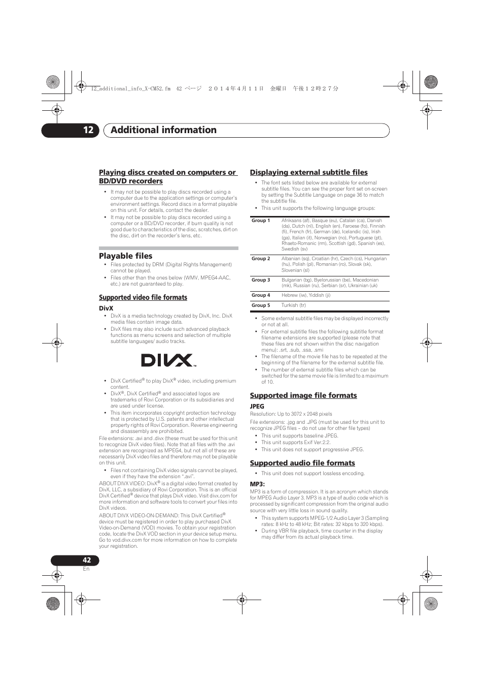 Playing discs created on computers or bd/dvd, Recorders, Playable files | Supported video file formats, Displaying external subtitle files, Supported image file formats, Supported audio file formats, Additional information 12 | Pioneer X-CM52BT-W User Manual | Page 42 / 268