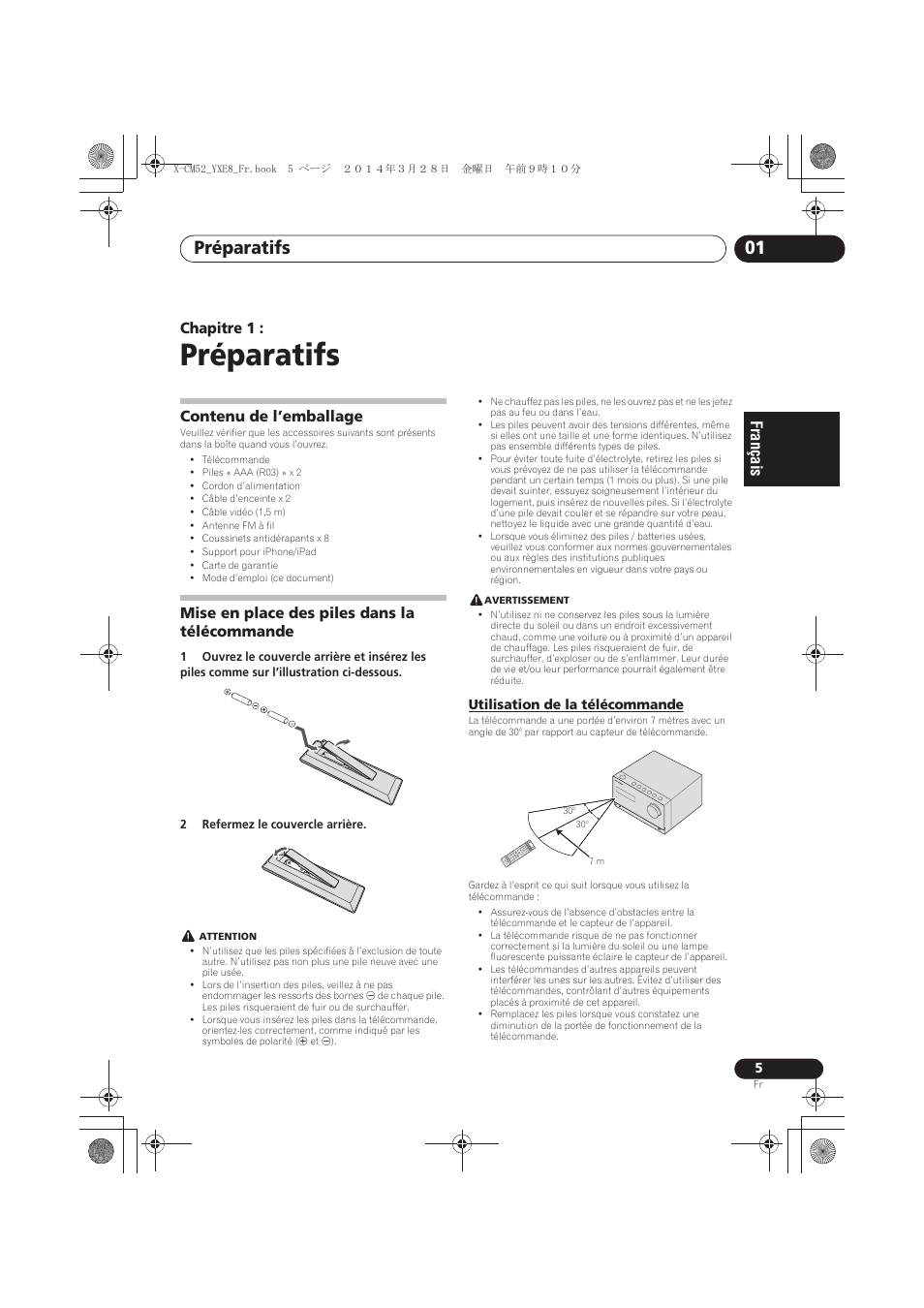 01 préparatifs, Contenu de l’emballage, Mise en place des piles dans la télécommande | Utilisation de la télécommande, Préparatifs, Préparatifs 01 | Pioneer X-CM52BT-W User Manual | Page 49 / 268