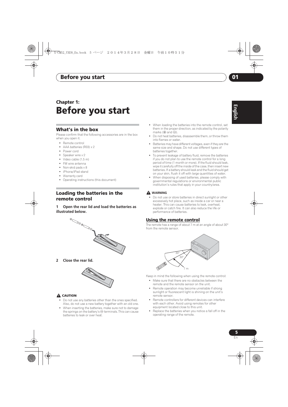 01 before you start, What’s in the box, Loading the batteries in the remote control | Using the remote control, Before you start, Before you start 01 | Pioneer X-CM52BT-W User Manual | Page 5 / 268