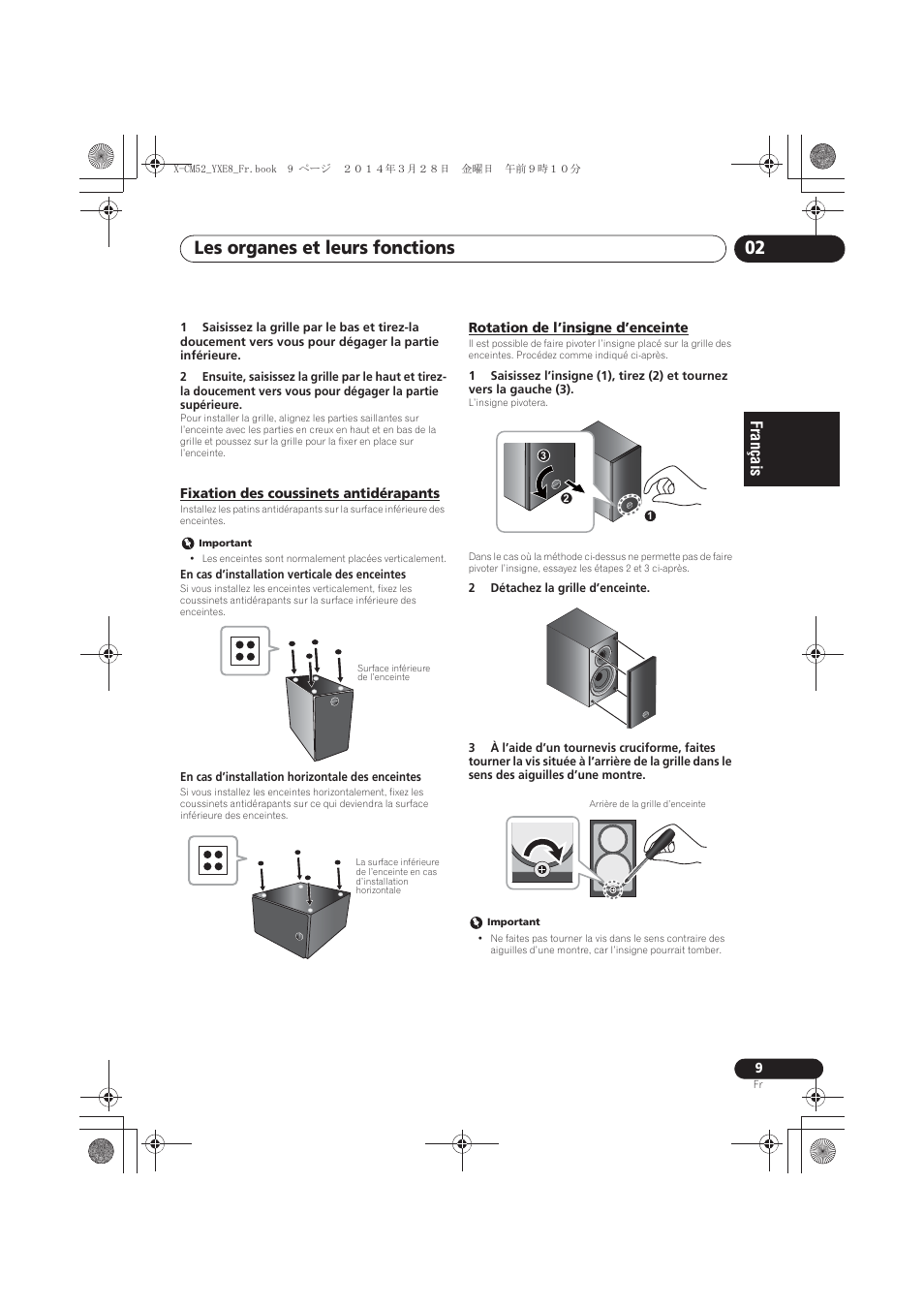 Fixation des coussinets antidérapants, Rotation de l’insigne d’enceinte, Les organes et leurs fonctions 02 | Pioneer X-CM52BT-W User Manual | Page 53 / 268
