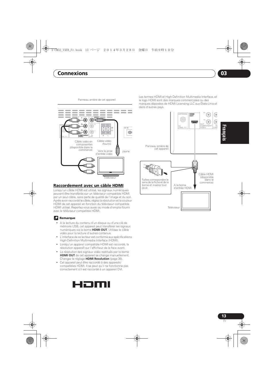 Raccordement avec un câble hdmi, Connexions 03 | Pioneer X-CM52BT-W User Manual | Page 57 / 268