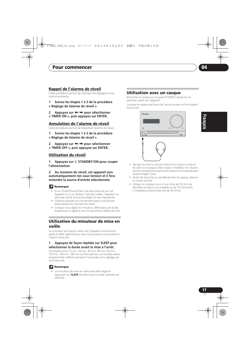 Rappel de l’alarme de réveil, Annulation de l’alarme de réveil, Utilisation du réveil | Utilisation du minuteur de mise en veille, Utilisation avec un casque, Pour commencer 04 | Pioneer X-CM52BT-W User Manual | Page 61 / 268
