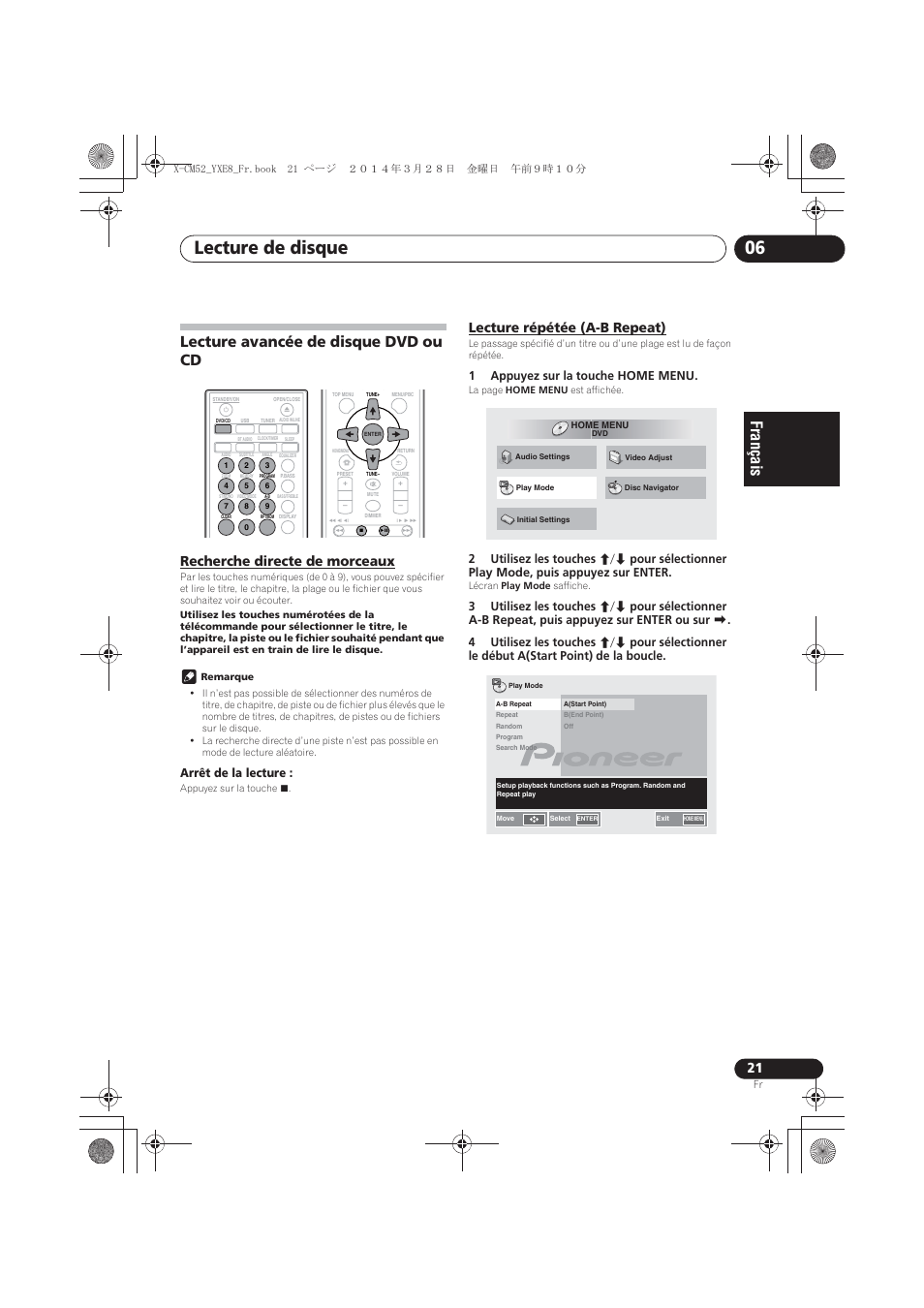 Lecture avancée de disque dvd ou cd, Recherche directe de morceaux, Lecture répétée (a-b repeat) | Lecture de disque 06 | Pioneer X-CM52BT-W User Manual | Page 65 / 268