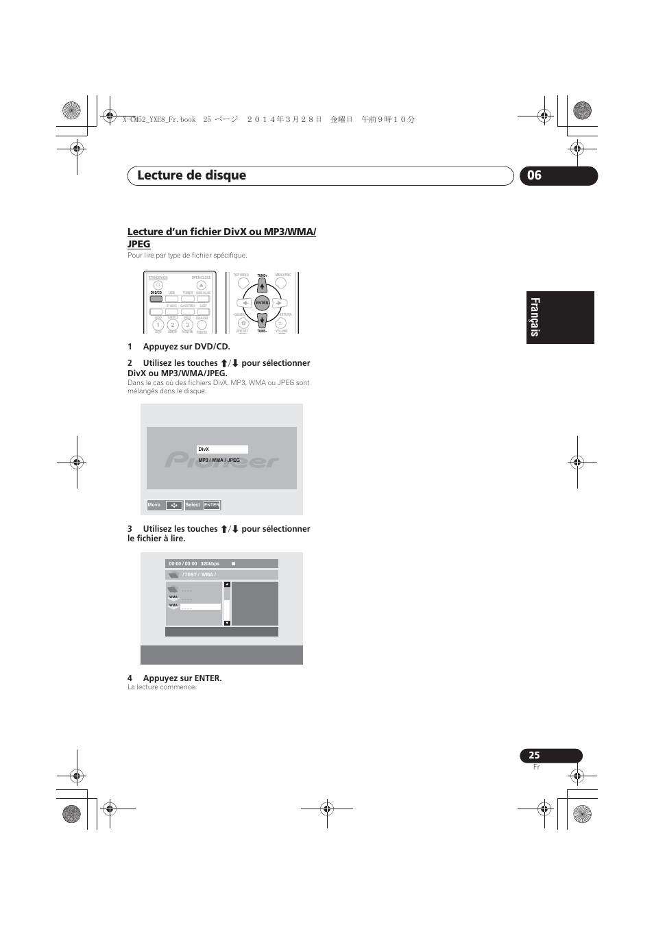 Lecture d’un fichier divx ou mp3/wma/jpeg, Lecture de disque 06, Lecture d’un fichier divx ou mp3/wma/ jpeg | Pioneer X-CM52BT-W User Manual | Page 69 / 268