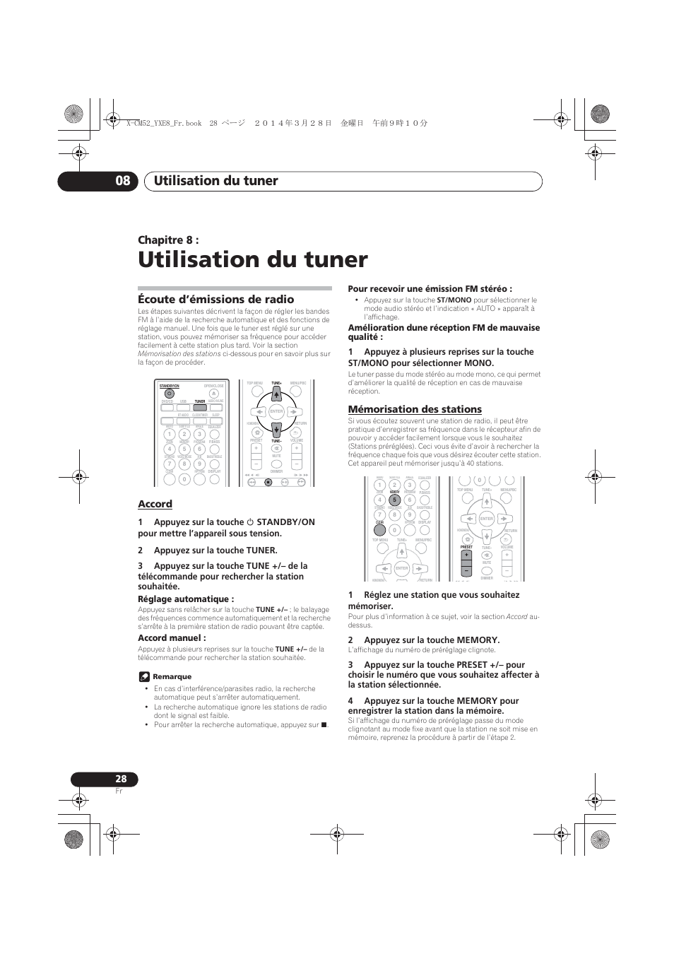 08 utilisation du tuner, Écoute d’émissions de radio, Accord | Mémorisation des stations, Utilisation du tuner, Utilisation du tuner 08, Chapitre 8, Accord manuel, Pour recevoir une émission fm stéréo, 1réglez une station que vous souhaitez mémoriser | Pioneer X-CM52BT-W User Manual | Page 72 / 268