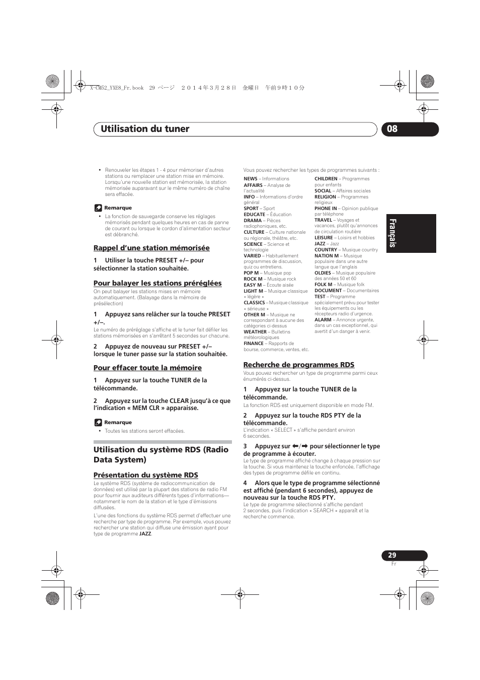 Rappel d’une station mémorisée, Pour balayer les stations préréglées, Pour effacer toute la mémoire | Utilisation du système rds (radio data system), Présentation du système rds, Recherche de programmes rds, Utilisation du tuner 08 | Pioneer X-CM52BT-W User Manual | Page 73 / 268