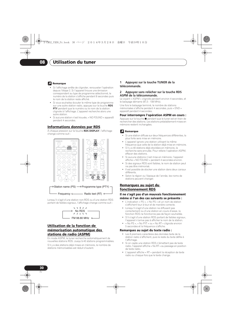 Informations données par rds, Stations de radio (aspm), Remarques au sujet du fonctionnement rds | Utilisation du tuner 08, Pour interrompre l’opération aspm en cours, Remarques au sujet du texte radio | Pioneer X-CM52BT-W User Manual | Page 74 / 268