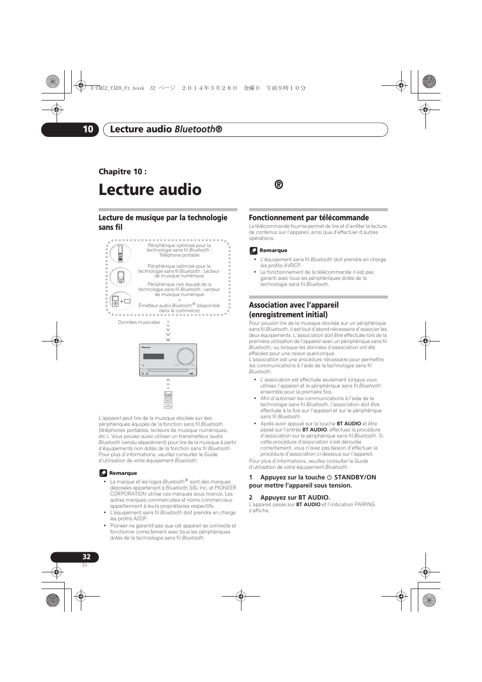 10 lecture audio bluetooth, Fonctionnement par télécommande, Lecture audio bluetooth | Pioneer X-CM52BT-W User Manual | Page 76 / 268