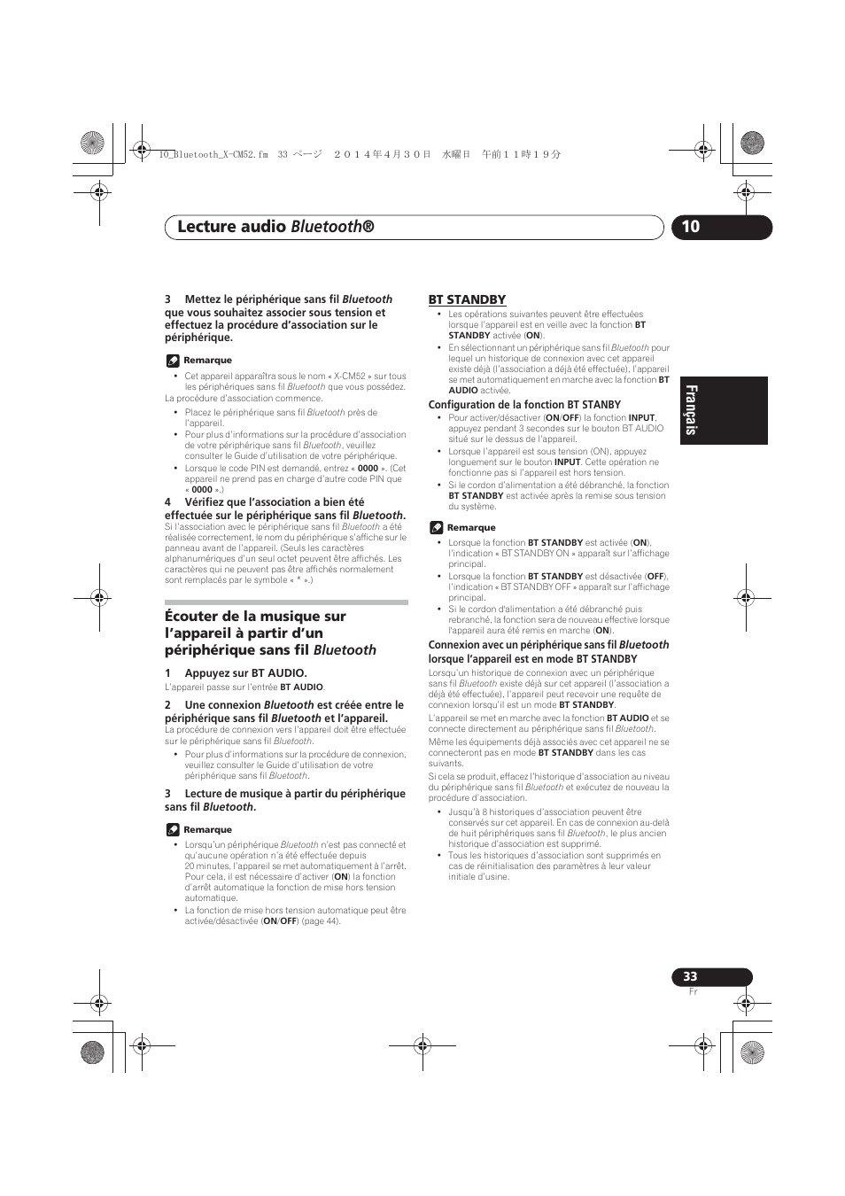 Sans fil bluetooth, Bt standby, Lecture audio bluetooth | Pioneer X-CM52BT-W User Manual | Page 77 / 268