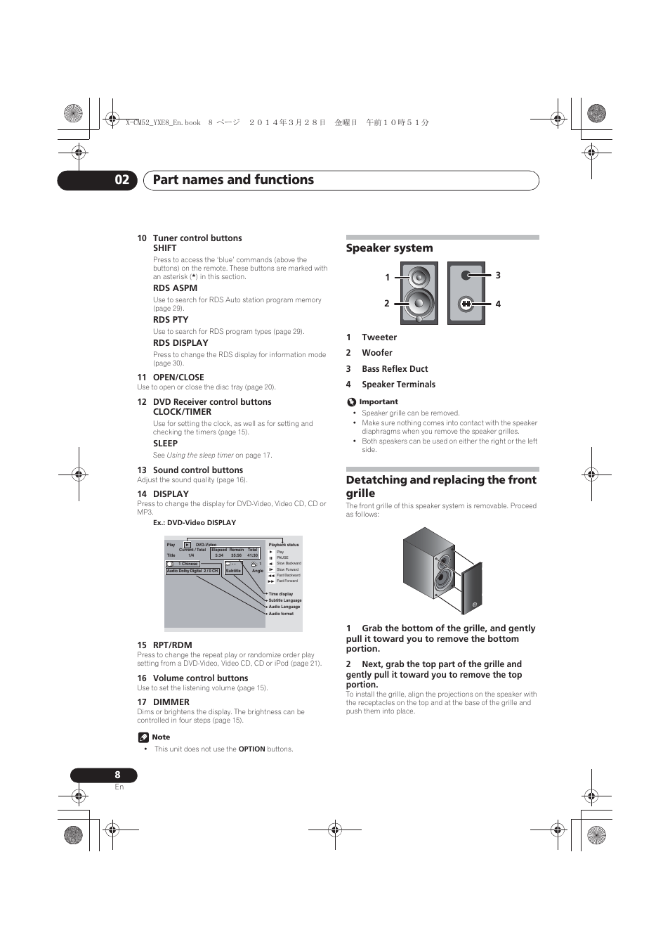 Speaker system, Detatching and replacing the front grille, Part names and functions 02 | Pioneer X-CM52BT-W User Manual | Page 8 / 268
