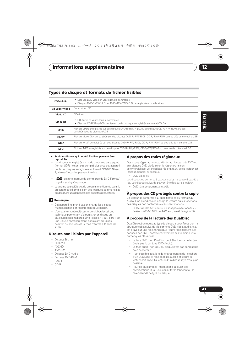 Types de disque et formats de fichier lisibles, Disques non lisibles par l’appareil, À propos des codes régionaux | À propos des cd protégés contre la copie, À propos de la lecture des dualdisc, Informations supplémentaires 12 | Pioneer X-CM52BT-W User Manual | Page 85 / 268