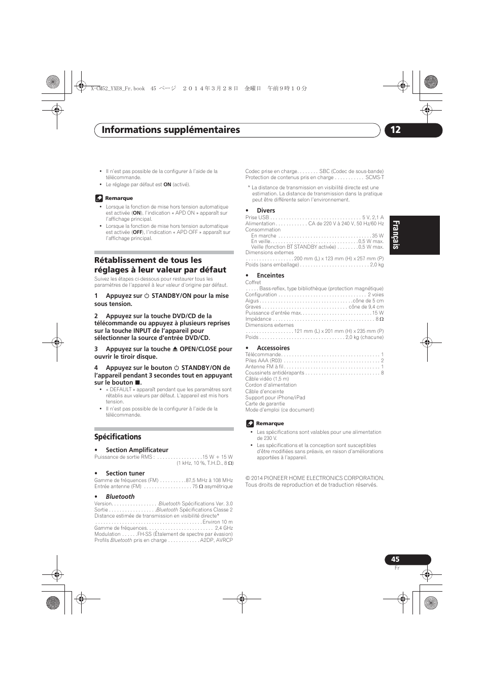Défaut, Spécifications, Informations supplémentaires 12 | Pioneer X-CM52BT-W User Manual | Page 89 / 268