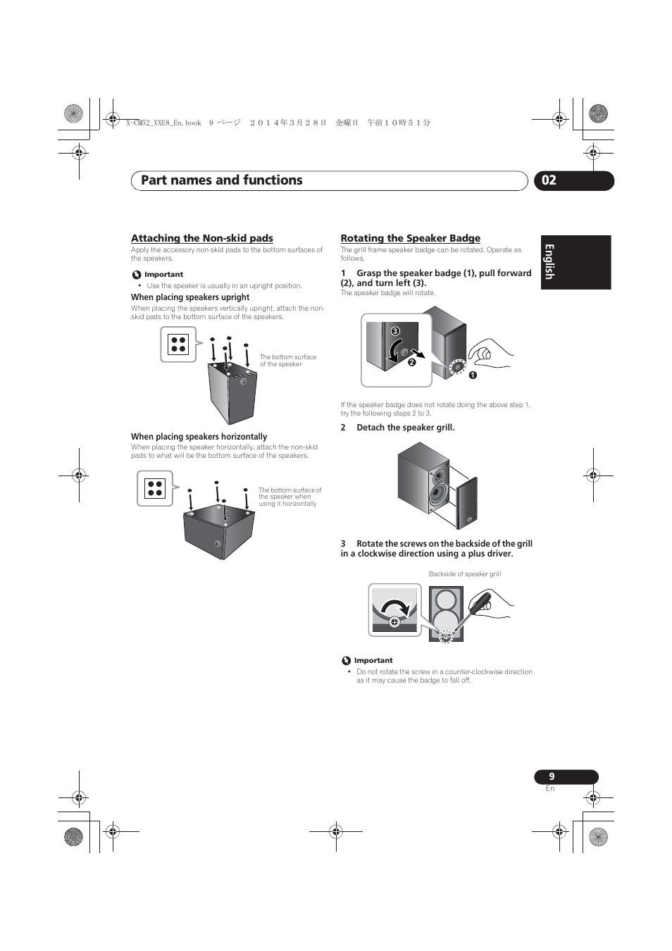 Attaching the non-skid pads, Rotating the speaker badge, Part names and functions 02 | English | Pioneer X-CM52BT-W User Manual | Page 9 / 268