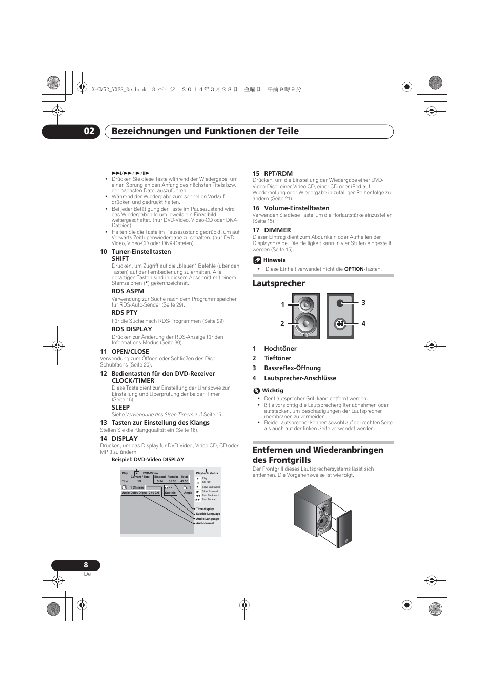 Lautsprecher, Entfernen und wiederanbringen des frontgrills, Bezeichnungen und funktionen der teile 02 | Pioneer X-CM52BT-W User Manual | Page 96 / 268