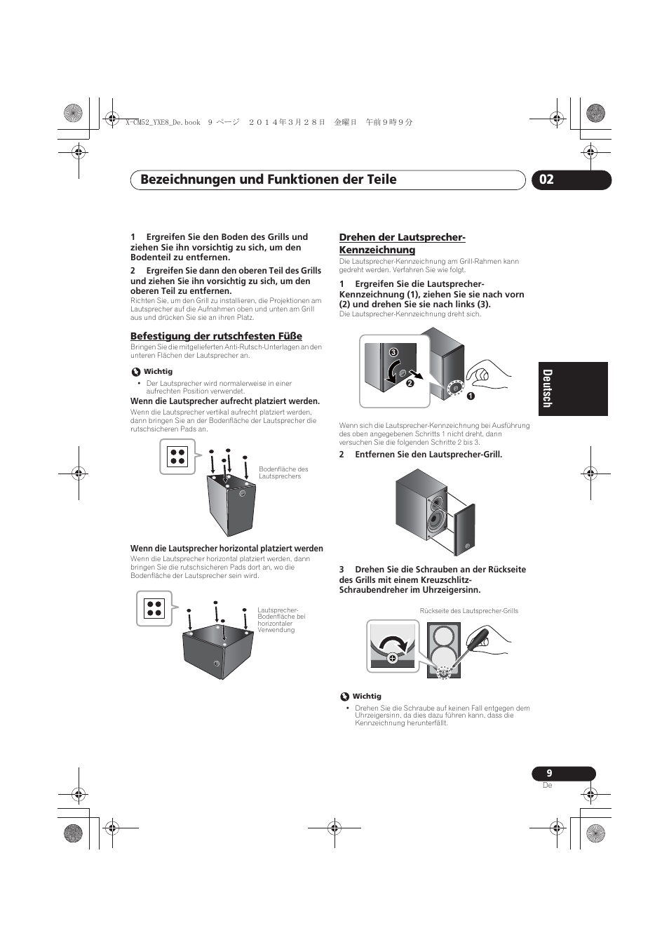 Befestigung der rutschfesten füße, Drehen der lautsprecher- kennzeichnung, Bezeichnungen und funktionen der teile 02 | Pioneer X-CM52BT-W User Manual | Page 97 / 268