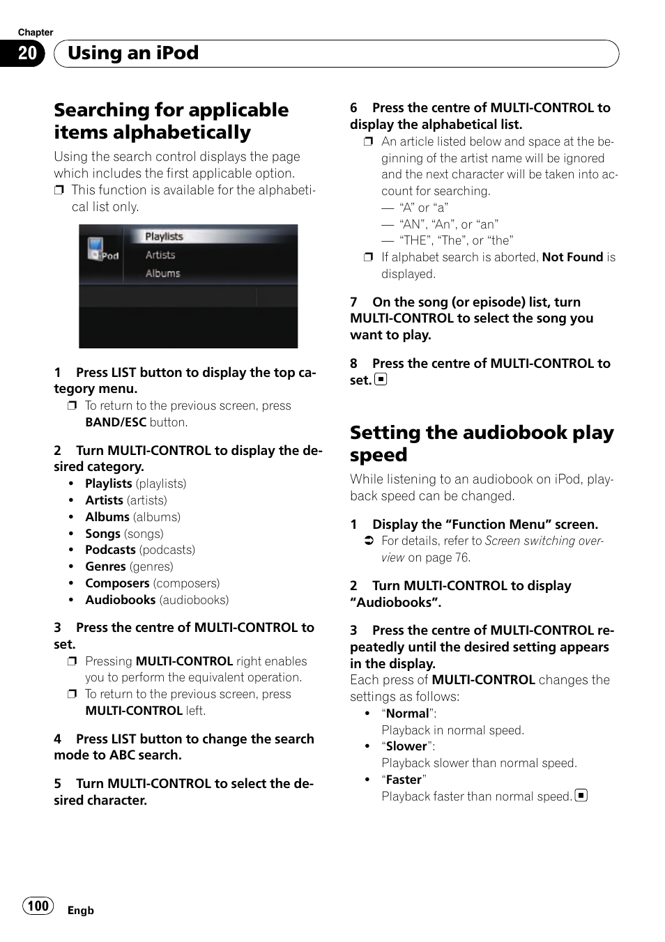 Searching for applicable items, Alphabetically, Setting the audiobook play speed | Searching for applicable items alphabetically, Using an ipod | Pioneer AVIC-F310BT User Manual | Page 100 / 137