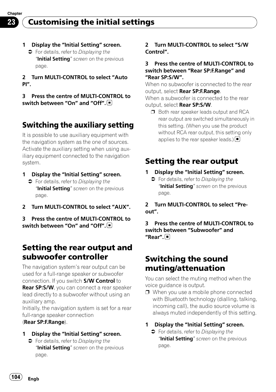 Switching the auxiliary setting, Setting the rear output and subwoofer, Controller | Setting the rear output, Switching the sound muting, Attenuation, Setting the rear output and subwoofer controller, Switching the sound muting/attenuation, Customising the initial settings | Pioneer AVIC-F310BT User Manual | Page 104 / 137