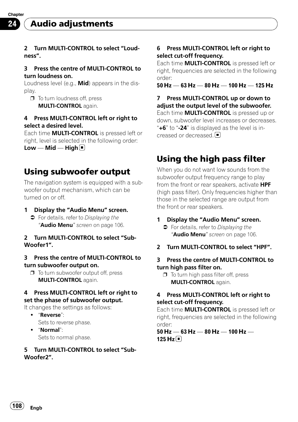 Using subwoofer output, Using the high pass filter, Audio adjustments | Pioneer AVIC-F310BT User Manual | Page 108 / 137