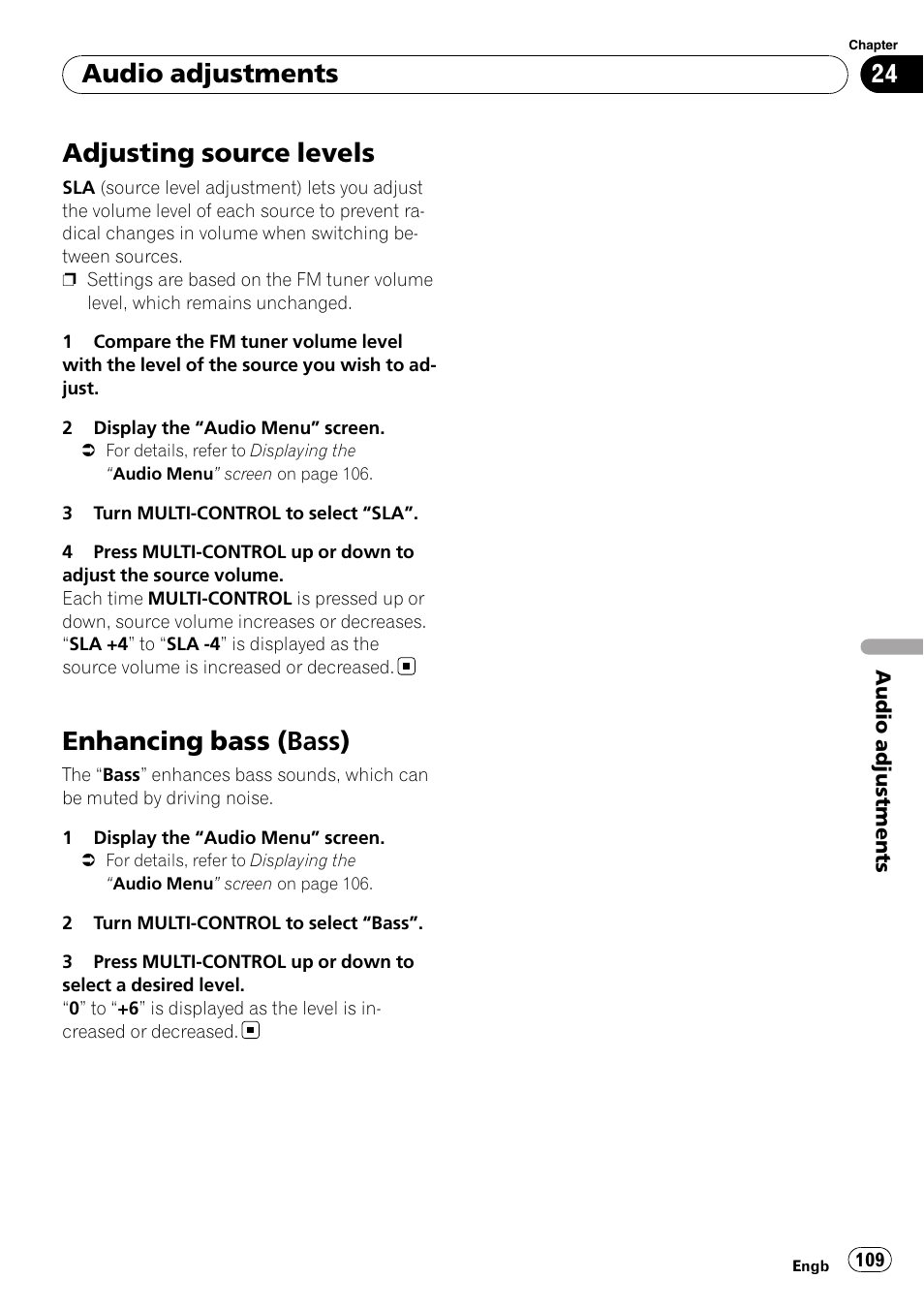 Adjusting source levels, Enhancing bass (bass), Audio adjustments | Pioneer AVIC-F310BT User Manual | Page 109 / 137