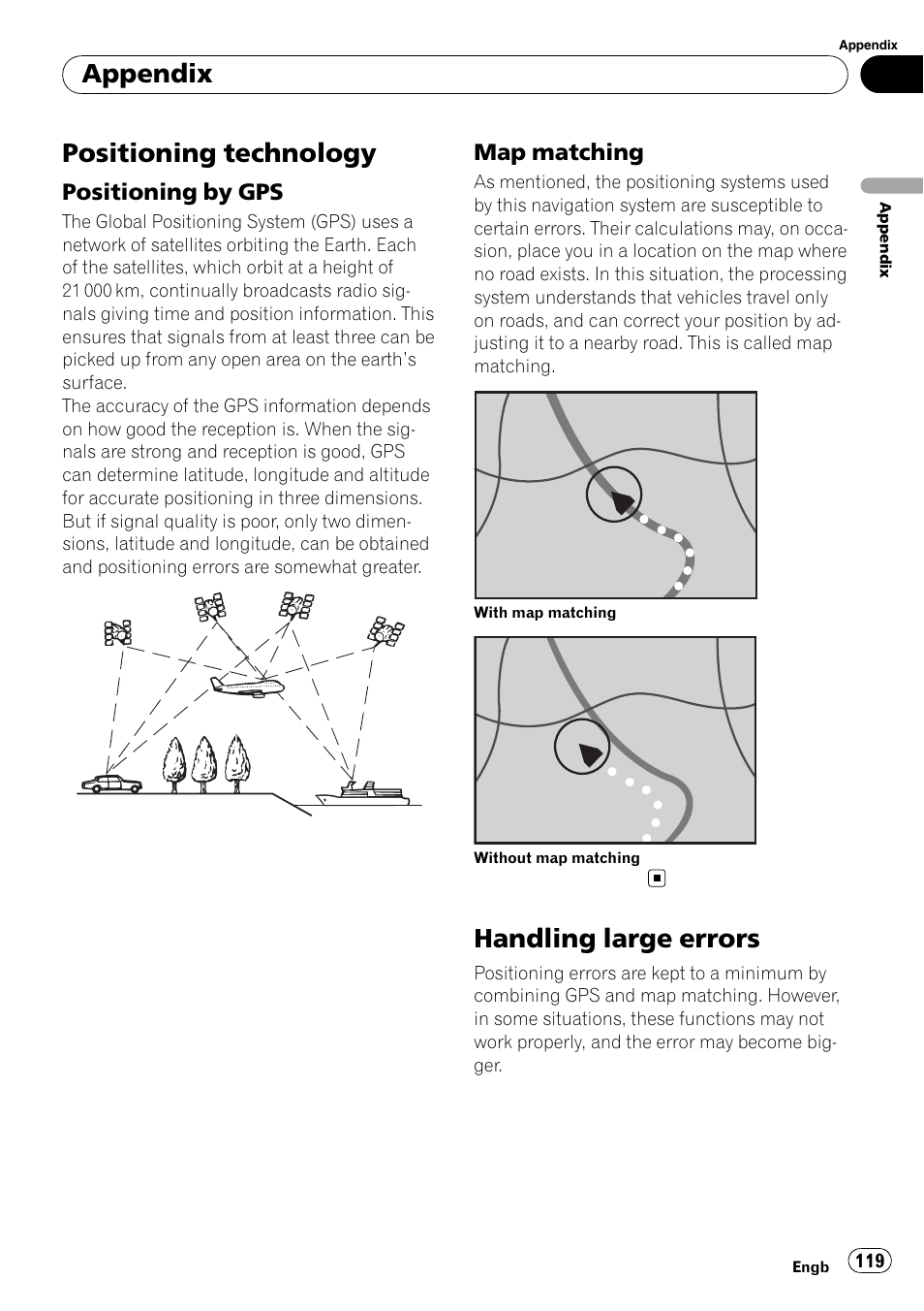 Positioning technology, Positioning by gps 119, Map matching 119 | Handling large errors, Appendix | Pioneer AVIC-F310BT User Manual | Page 119 / 137