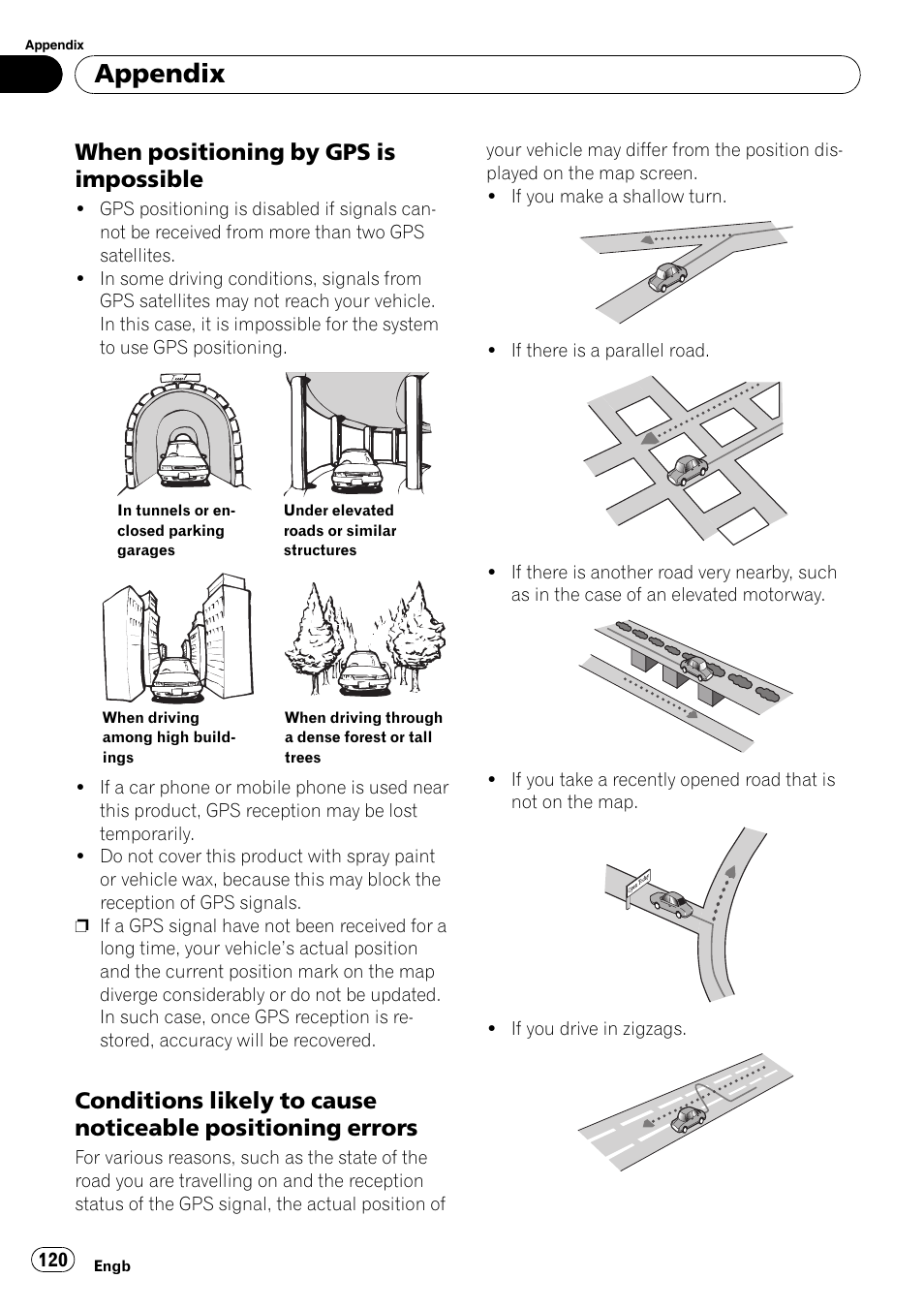 When positioning by gps is, Impossible, Conditions likely to cause noticeable | Positioning errors, Appendix, When positioning by gps is impossible | Pioneer AVIC-F310BT User Manual | Page 120 / 137