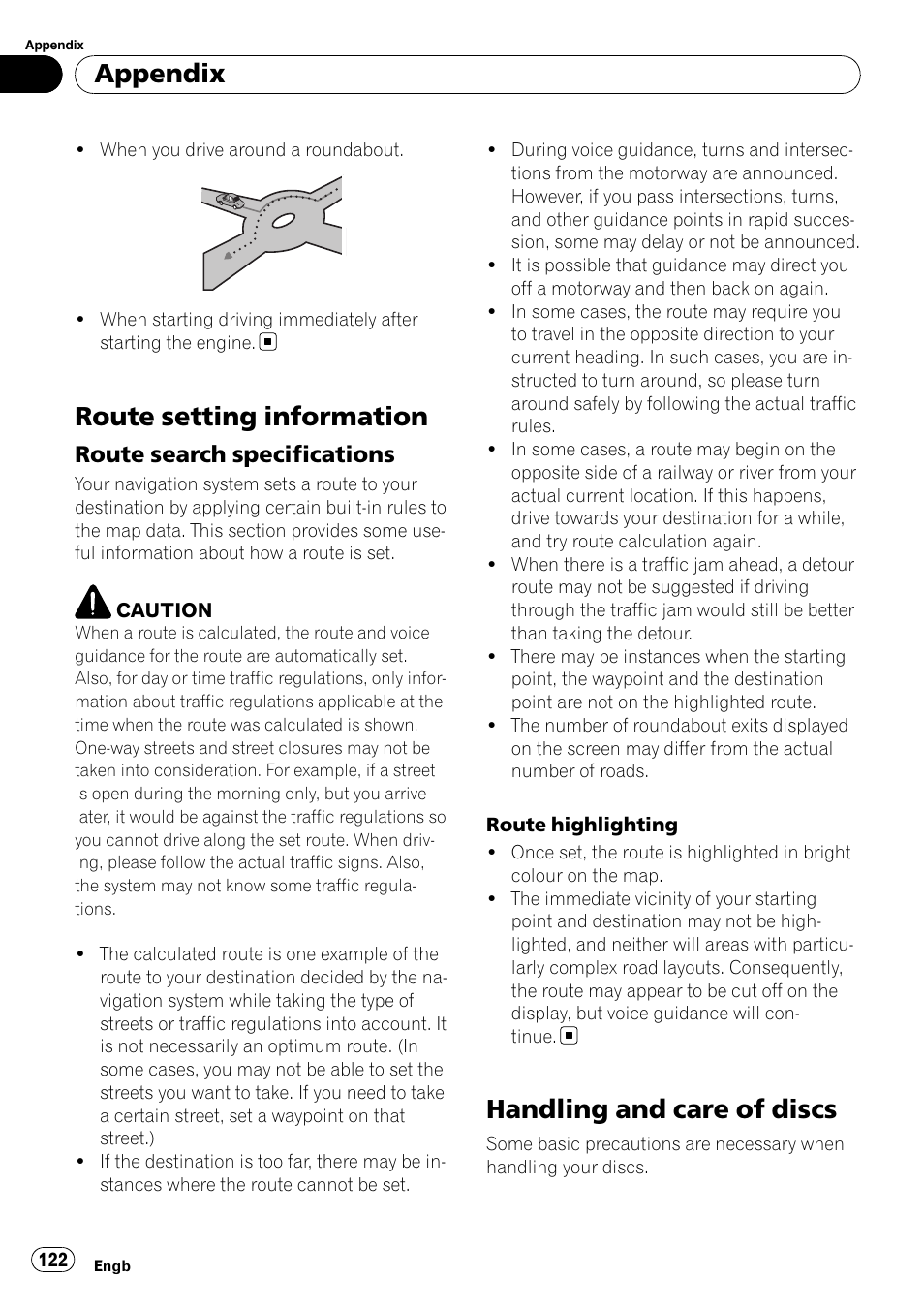 Route setting information, Route search specifications 122, Handling and care of discs | Appendix, Route search specifications | Pioneer AVIC-F310BT User Manual | Page 122 / 137