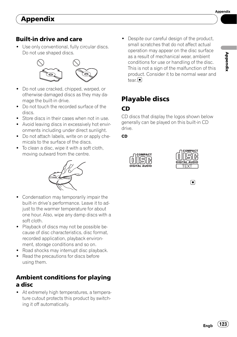 Built-in drive and care 123, Ambient conditions for playing a, Disc | Playable discs, Cd 123, Appendix, Built-in drive and care, Ambient conditions for playing a disc | Pioneer AVIC-F310BT User Manual | Page 123 / 137