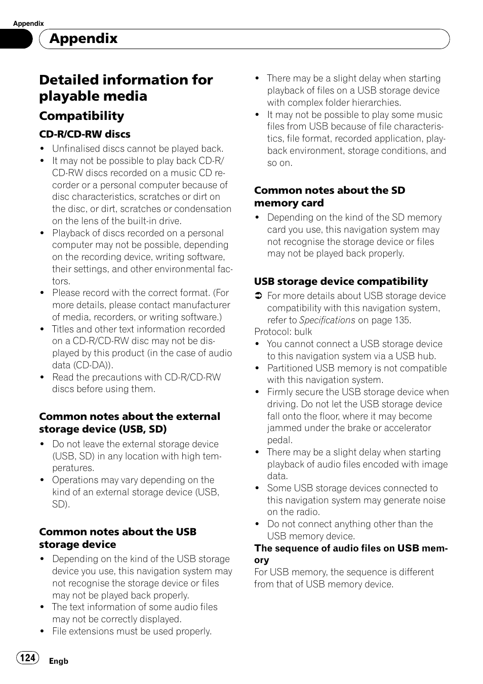 Detailed information for playable media, Compatibility 124, Appendix | Compatibility | Pioneer AVIC-F310BT User Manual | Page 124 / 137