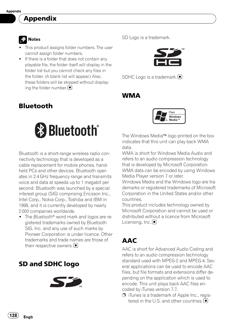 Bluetooth, Sd and sdhc logo, Appendix | Pioneer AVIC-F310BT User Manual | Page 128 / 137