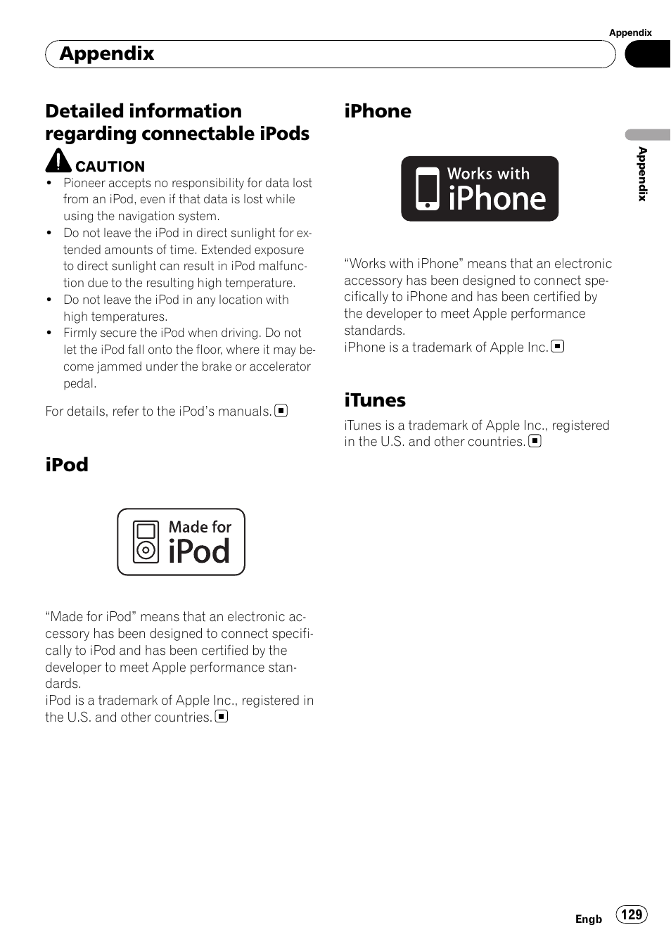 Detailed information regarding connectable, Ipods, Ipod | Iphone, Itunes, Detailed information regarding connectable ipods, Appendix | Pioneer AVIC-F310BT User Manual | Page 129 / 137