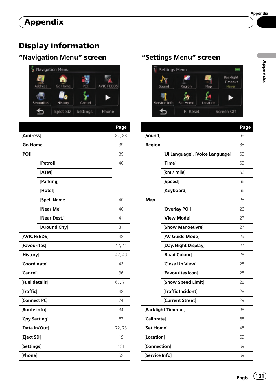 Display information, Navigation menu” screen 131, Settings menu” screen 131 | Appendix, Navigation menu” screen, Settings menu” screen | Pioneer AVIC-F310BT User Manual | Page 131 / 137