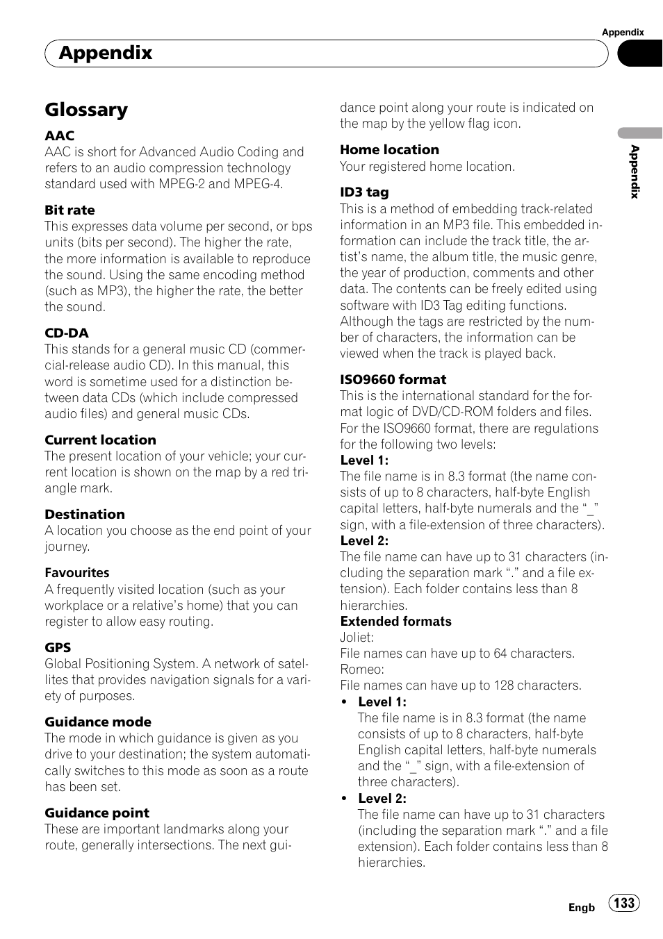 Glossary, Appendix | Pioneer AVIC-F310BT User Manual | Page 133 / 137