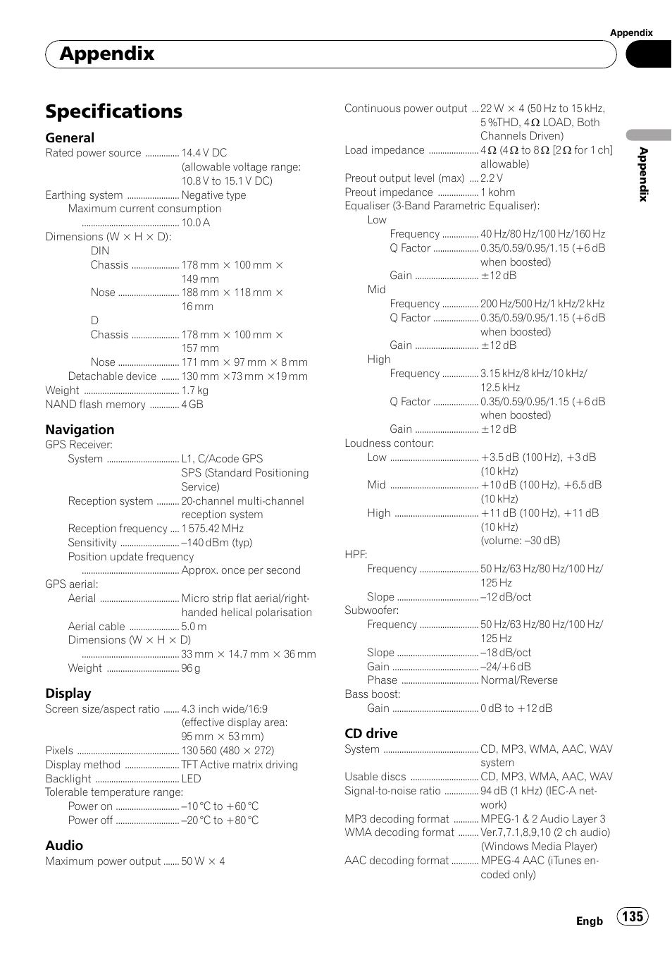 Specifications, Appendix, General | Navigation, Display, Audio, Cd drive | Pioneer AVIC-F310BT User Manual | Page 135 / 137