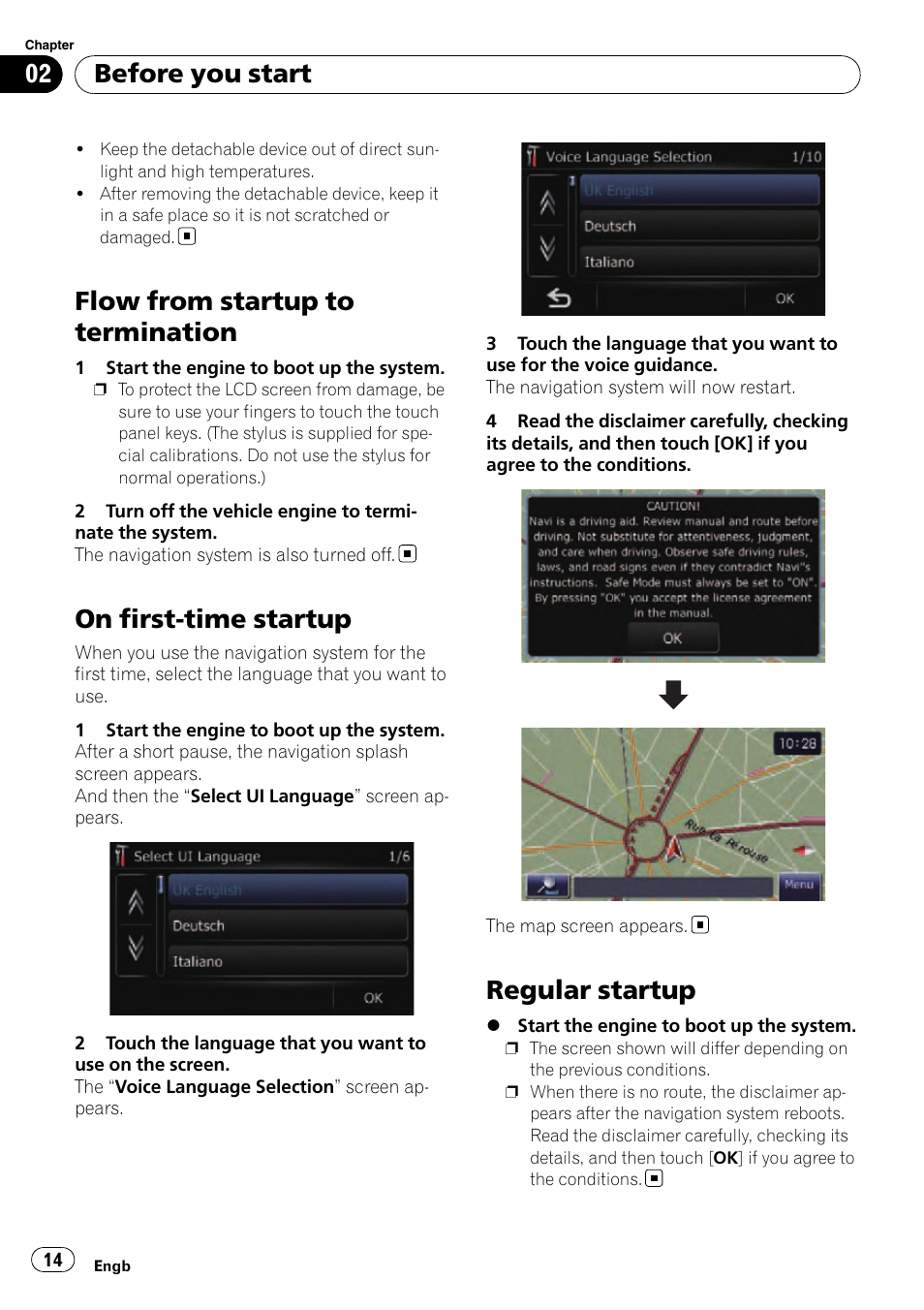 Flow from startup to termination, On first-time startup, Regular startup | Before you start | Pioneer AVIC-F310BT User Manual | Page 14 / 137