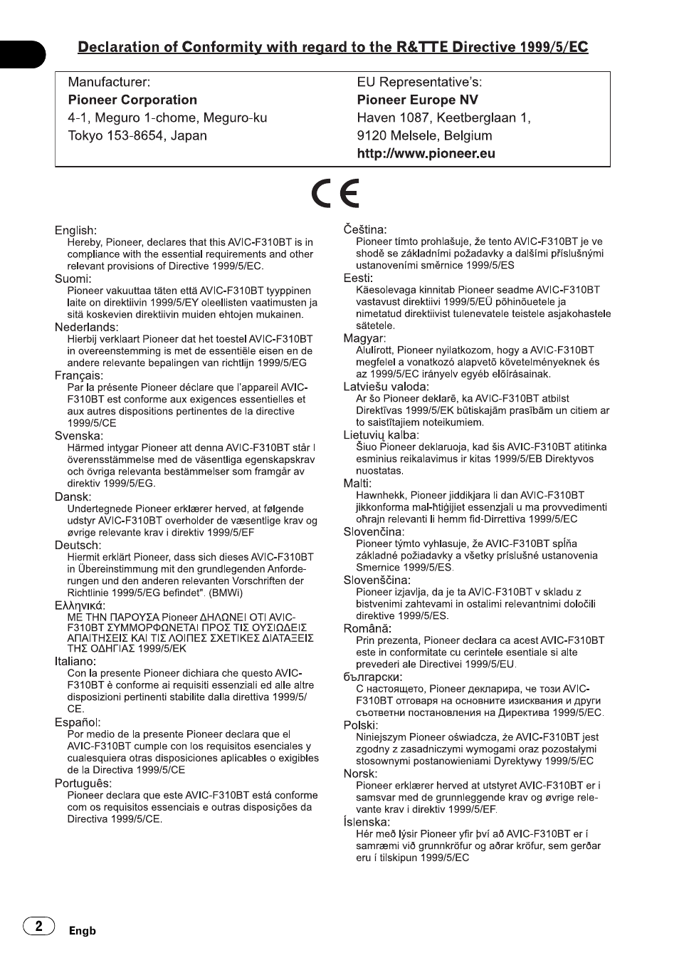 Pioneer AVIC-F310BT User Manual | Page 2 / 137