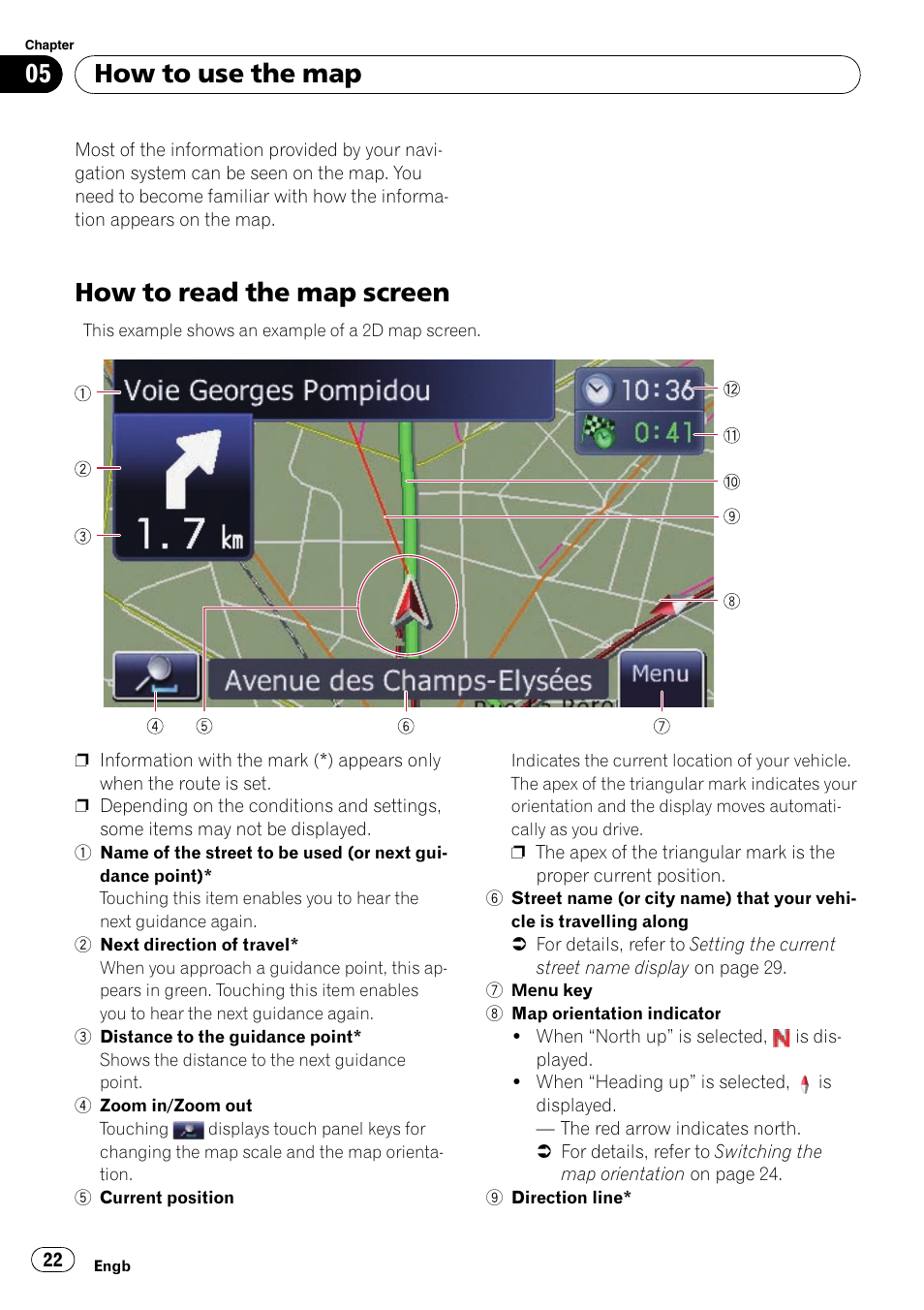 How to use the map how to read the map screen, How to read the map screen, How to use the map | Pioneer AVIC-F310BT User Manual | Page 22 / 137