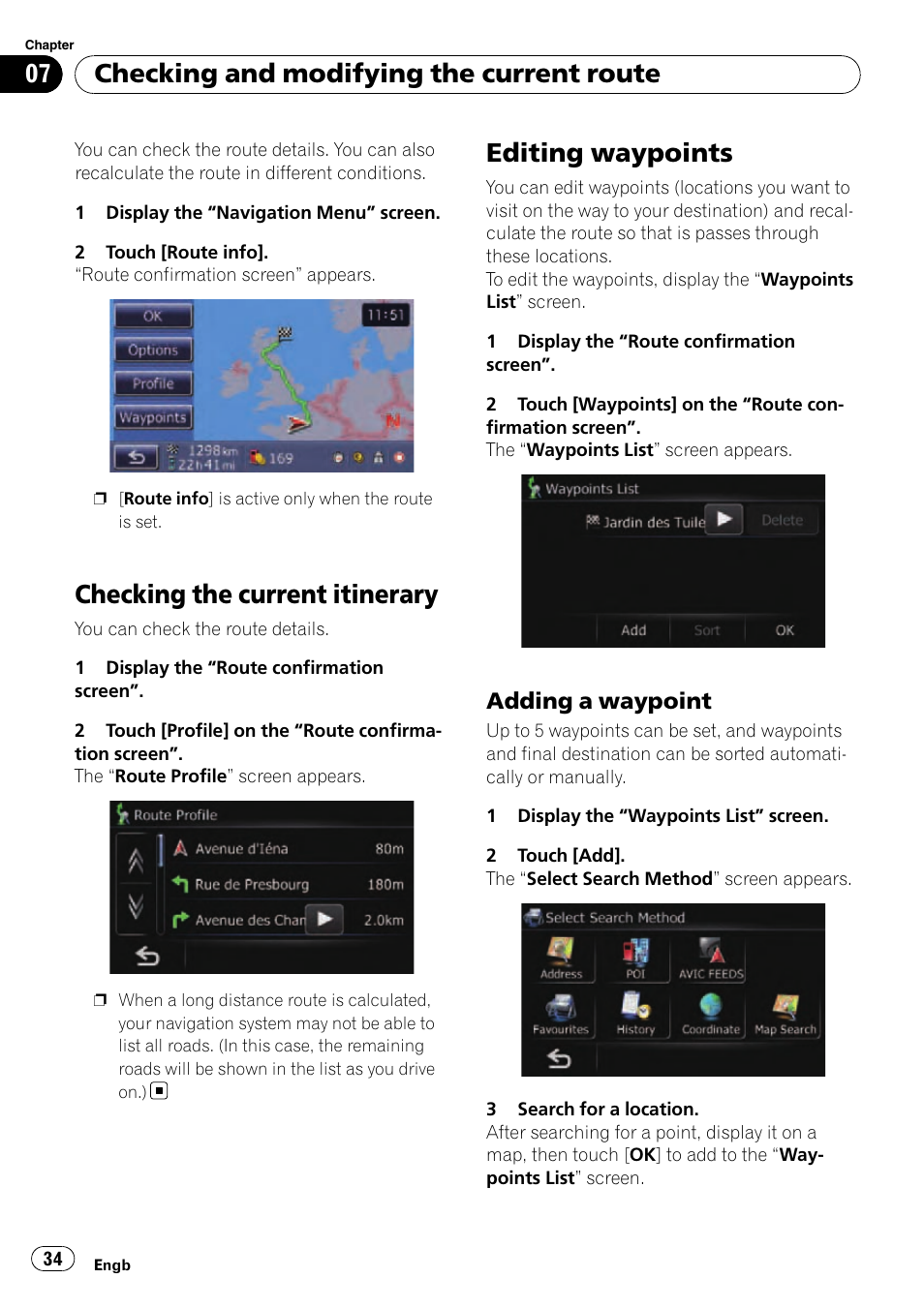 Editing waypoints, Adding a waypoint 34, Checking the current itinerary | Checking and modifying the current route, Adding a waypoint | Pioneer AVIC-F310BT User Manual | Page 34 / 137