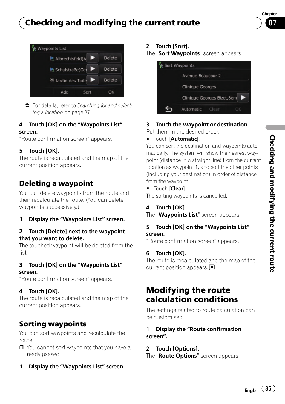 Deleting a waypoint 35, Sorting waypoints 35, Modifying the route calculation | Conditions, Modifying the route calculation conditions, Checking and modifying the current route, Deleting a waypoint, Sorting waypoints | Pioneer AVIC-F310BT User Manual | Page 35 / 137