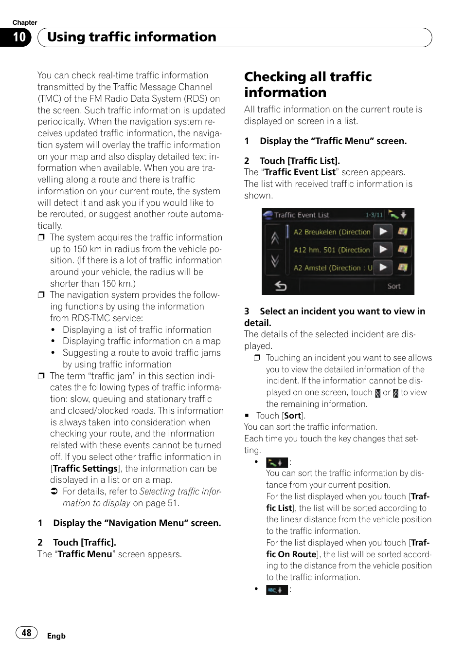 Checking all traffic information, Using traffic information | Pioneer AVIC-F310BT User Manual | Page 48 / 137