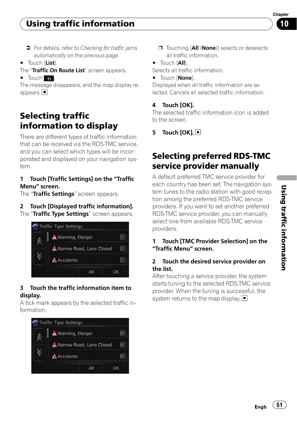 Selecting traffic information to display, Selecting preferred rds-tmc service, Provider manually | Using traffic information | Pioneer AVIC-F310BT User Manual | Page 51 / 137