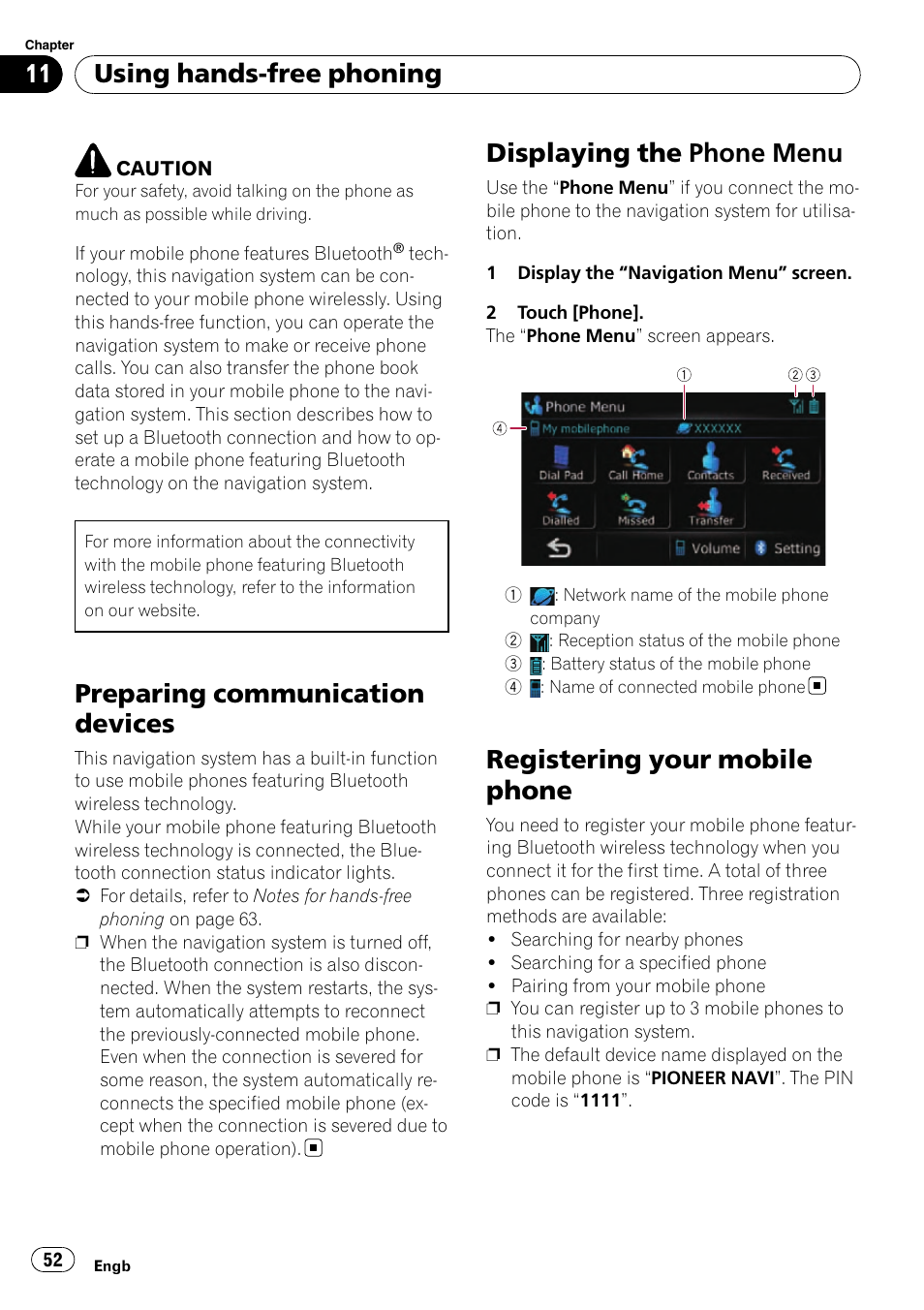 Displaying the phone menu, Registering your mobile phone, Preparing communication devices | Using hands-free phoning | Pioneer AVIC-F310BT User Manual | Page 52 / 137