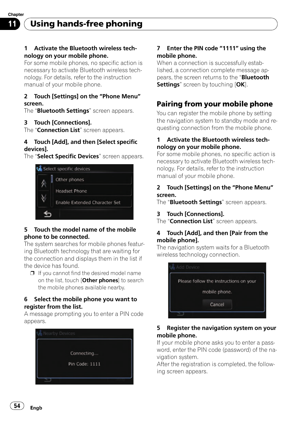 Pairing from your mobile phone 54, Using hands-free phoning, Pairing from your mobile phone | Pioneer AVIC-F310BT User Manual | Page 54 / 137