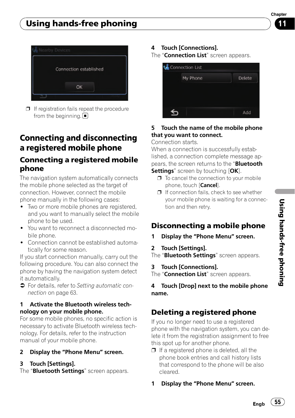 Connecting and disconnecting a registered, Mobile phone, Connecting a registered mobile | Phone, Disconnecting a mobile phone 55, Deleting a registered phone 55, Using hands-free phoning, Connecting a registered mobile phone, Disconnecting a mobile phone, Deleting a registered phone | Pioneer AVIC-F310BT User Manual | Page 55 / 137