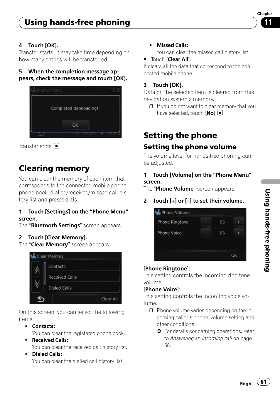 Clearing memory, Setting the phone, Setting the phone volume 61 | Setting the phone volume, Using hands-free phoning | Pioneer AVIC-F310BT User Manual | Page 61 / 137