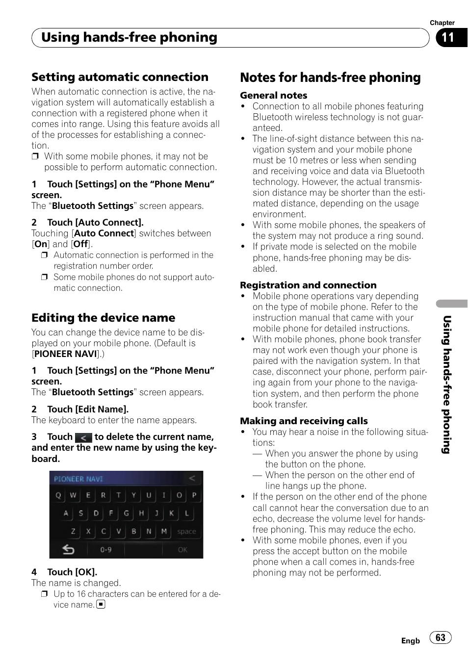 Setting automatic connection 63, Editing the device name 63, Notes for hands-free phoning | Using hands-free phoning, Setting automatic connection, Editing the device name | Pioneer AVIC-F310BT User Manual | Page 63 / 137