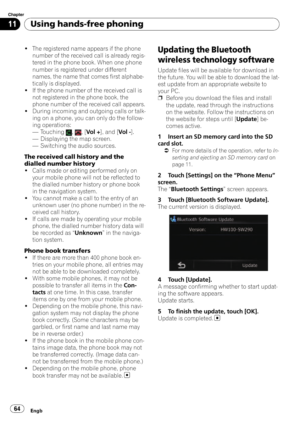 Updating the bluetooth wireless technology, Software, Using hands-free phoning | Pioneer AVIC-F310BT User Manual | Page 64 / 137