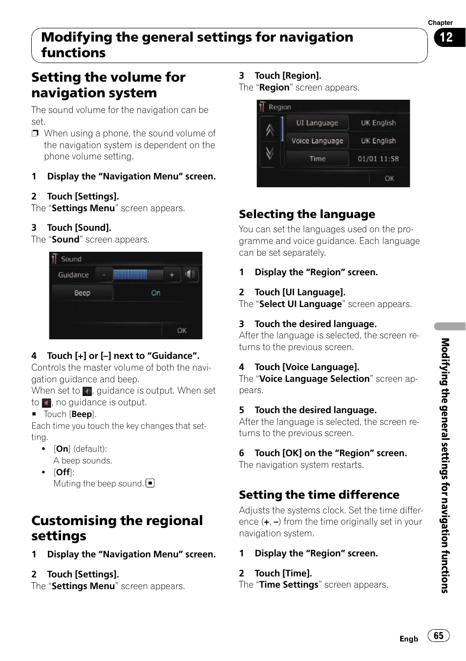 Customising the regional settings, Selecting the language 65, Setting the time difference 65 | Setting the volume for navigation system, Selecting the language, Setting the time difference | Pioneer AVIC-F310BT User Manual | Page 65 / 137