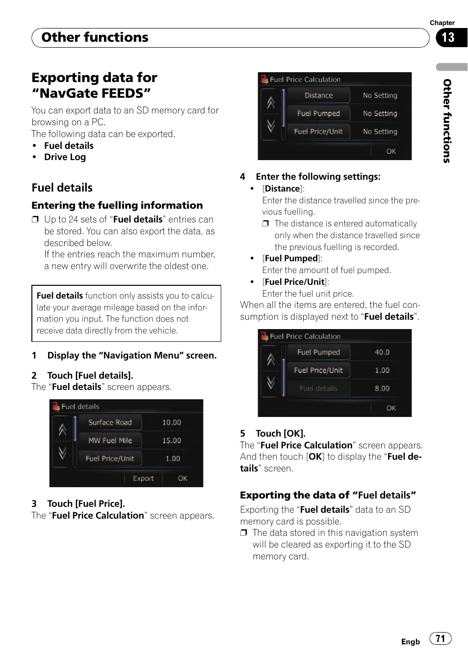 Other functions exporting data for, Navgate feeds” 71, Fuel details 71 | Exporting data for “navgate feeds, Other functions, Fuel details | Pioneer AVIC-F310BT User Manual | Page 71 / 137